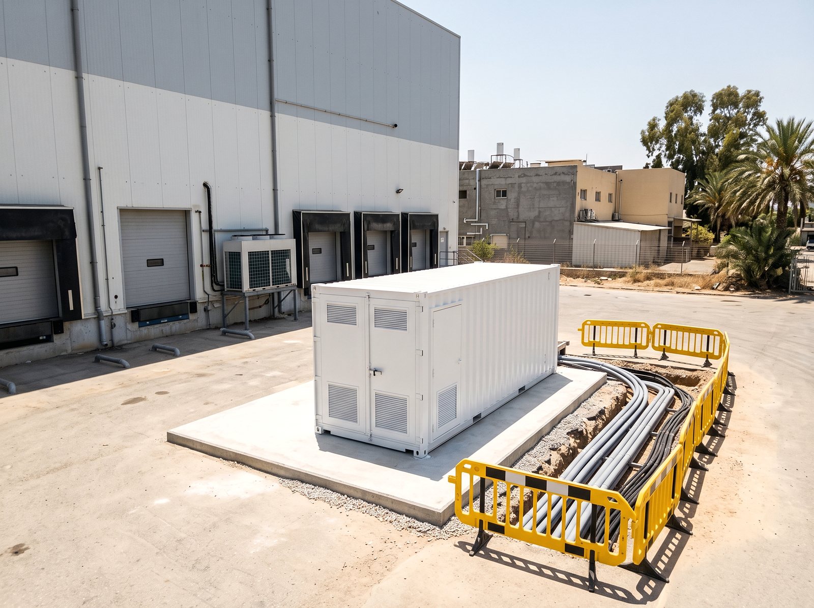 מכולת אגירה לבנה על יסוד בטון חדש ליד מחסן קירור באזור תעשייה, עם תעלת כבלים פתוחה
